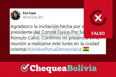 Captura del tuit falso de Eva Copa aceptando la invitación del Comité Cívico pro Santa Cruz.