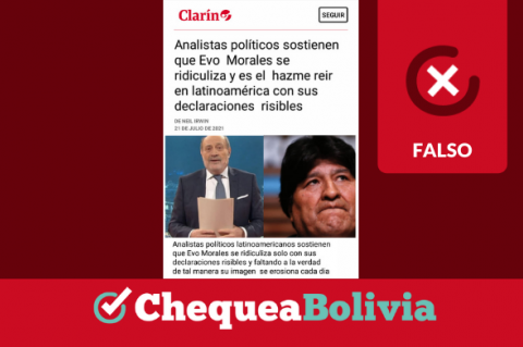 Imagen mostrando falsamente que El Clarín  publicó que analistas políticos consideraron a Evo como el hazmerreír en Latinoamérica.