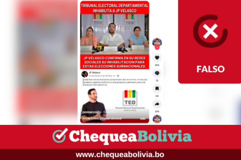 Es falso que Juan Pablo Velasco fue inhabilitado por el TED de Santa Cruz 