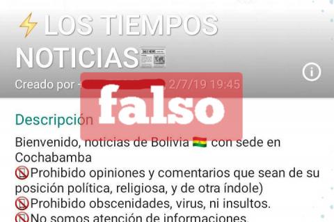 Una captura del grupo falso de WhatsApp que usa la marca de Los Tiempos. Foto: Los Tiempos