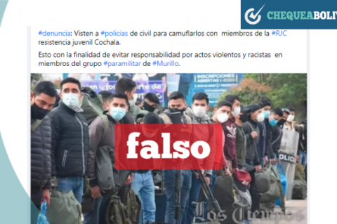 La publicación utiliza una fotografía de la llegada de efectivos policiales de refuerzo a Cochabamba.