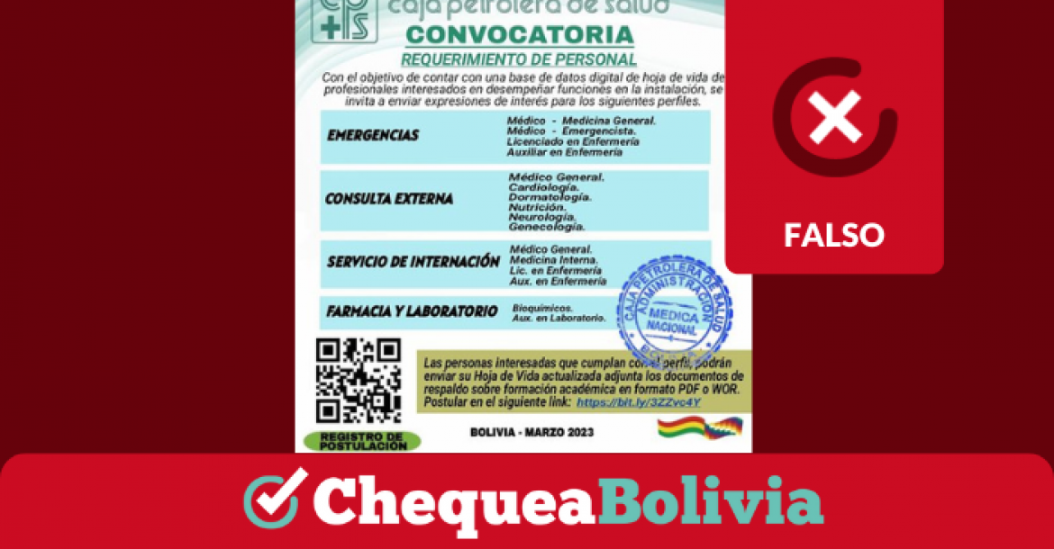 Convocatoria falsa de requerimiento de personal médico en la Caja Petrolera de Salud.