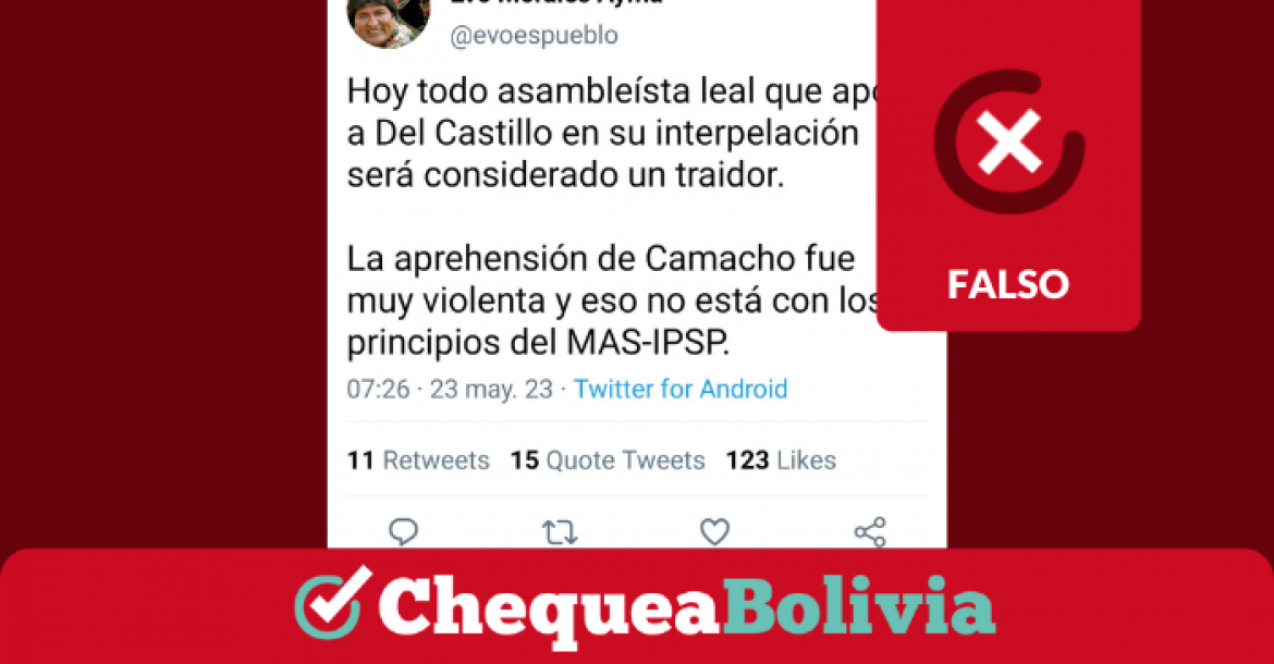 Capturas del tuit falso de Evo Morales sobre la interpelación de Del Castillo.