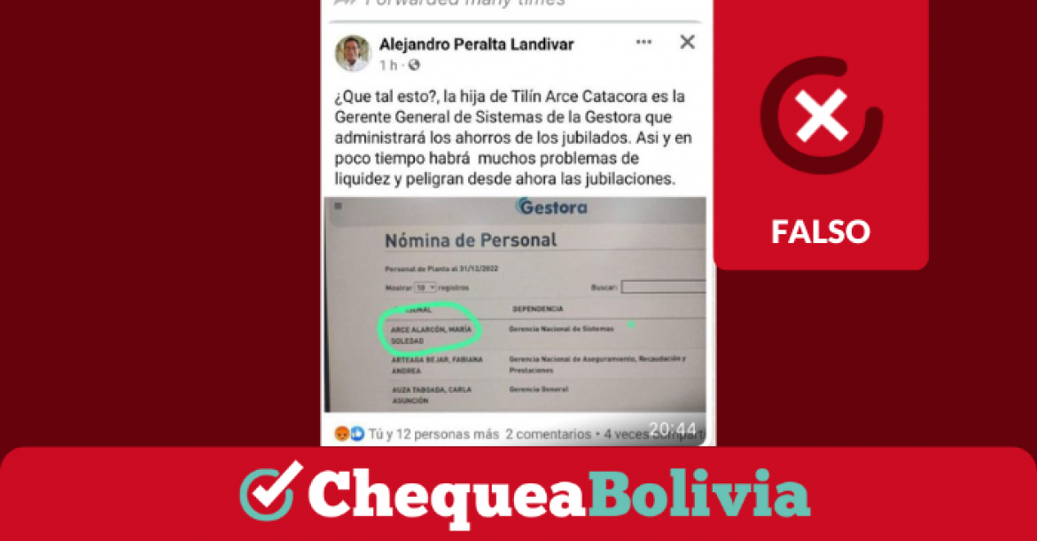 Captura de la imagen que circula anunciando falsamente que la hija de Arce es funcionaria pública.