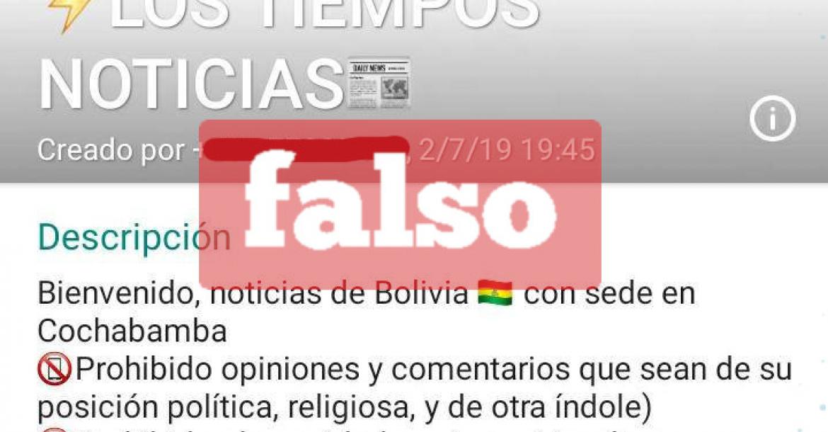 Una captura del grupo falso de WhatsApp que usa la marca de Los Tiempos. Foto: Los Tiempos