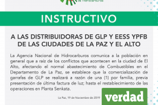 Comunicado sobre el abastecimiento de GLP en La Paz. 