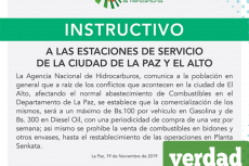 Comunicado sobre el abastecimiento de diésel y gasolina en La Paz. 